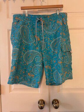Men’s Zegna Sport XL Teal Orange Paisley Swim Trunks - Tropical Resort Wear